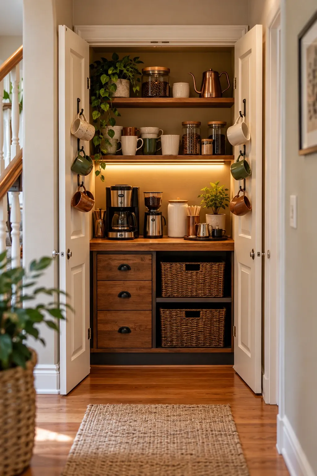Closet with both doors open showing a coffee bar with a machine on the counter, mugs on shelves and baskets below