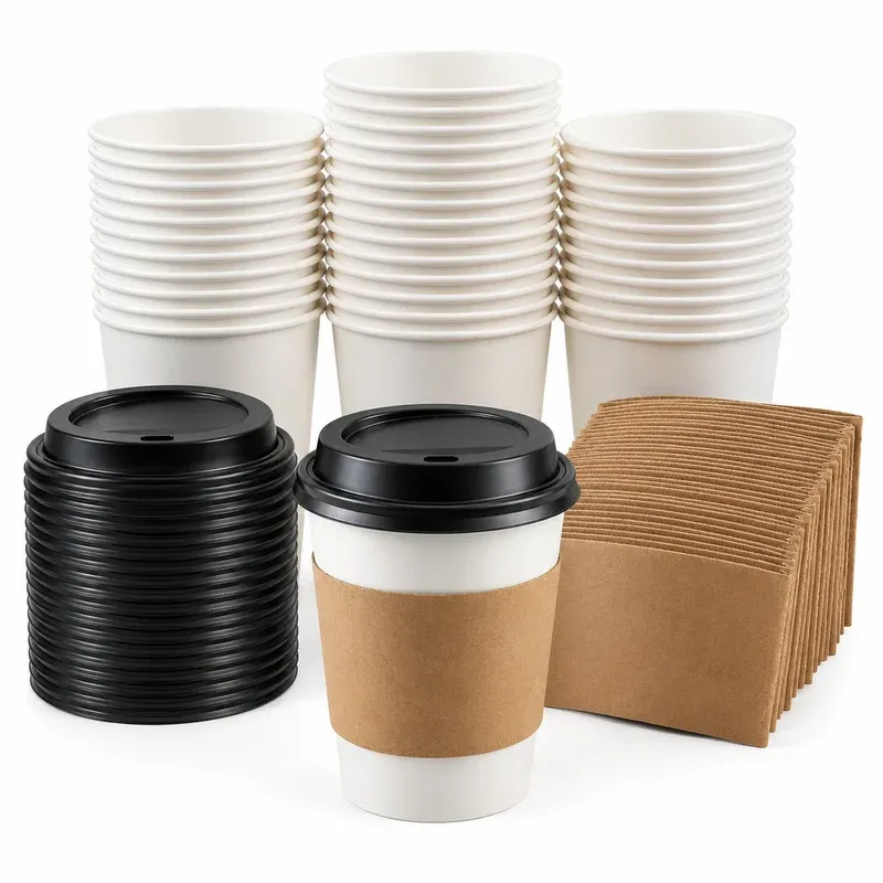 RACETOP 12 oz Paper Hot Cups with Lids and Sleeves, 50 Pack, product photo on a white background