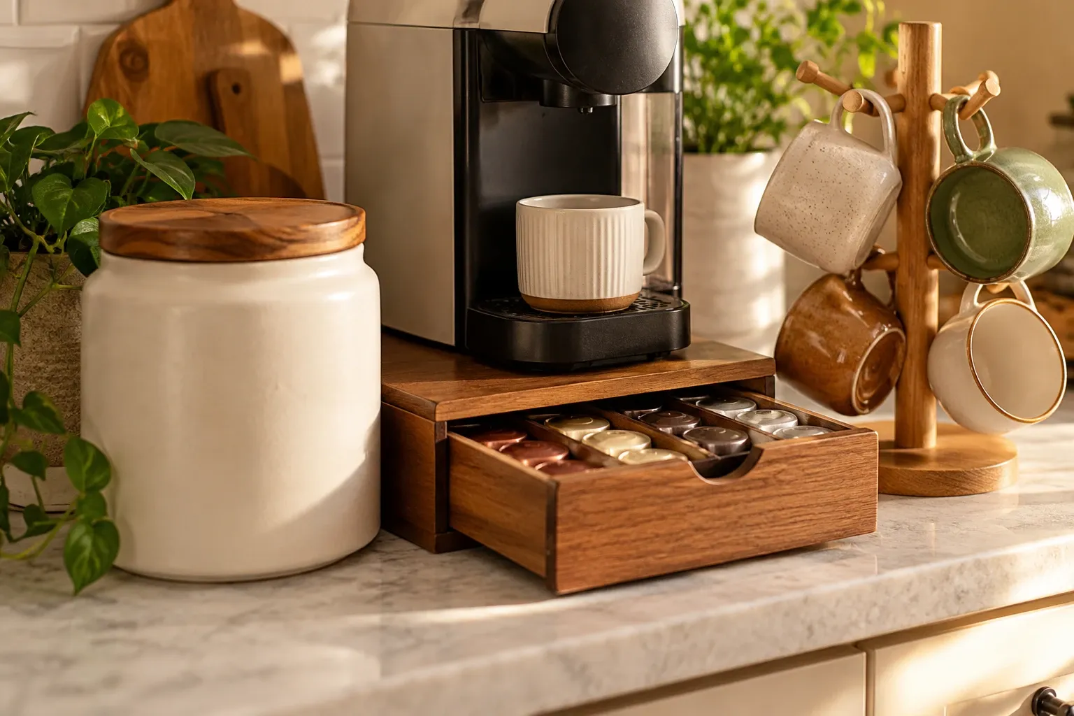 Coffee station with a white canister, a pod drawer under a pod brewer and a wood mug tree holding green mugs