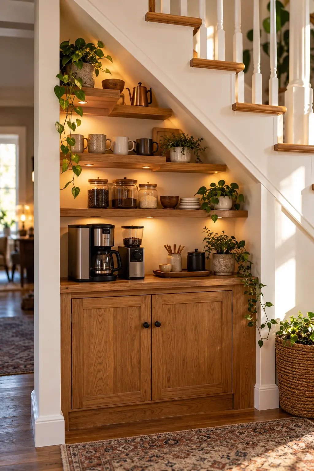 Coffee bar built into the space under a staircase with shelves and a coffee machine