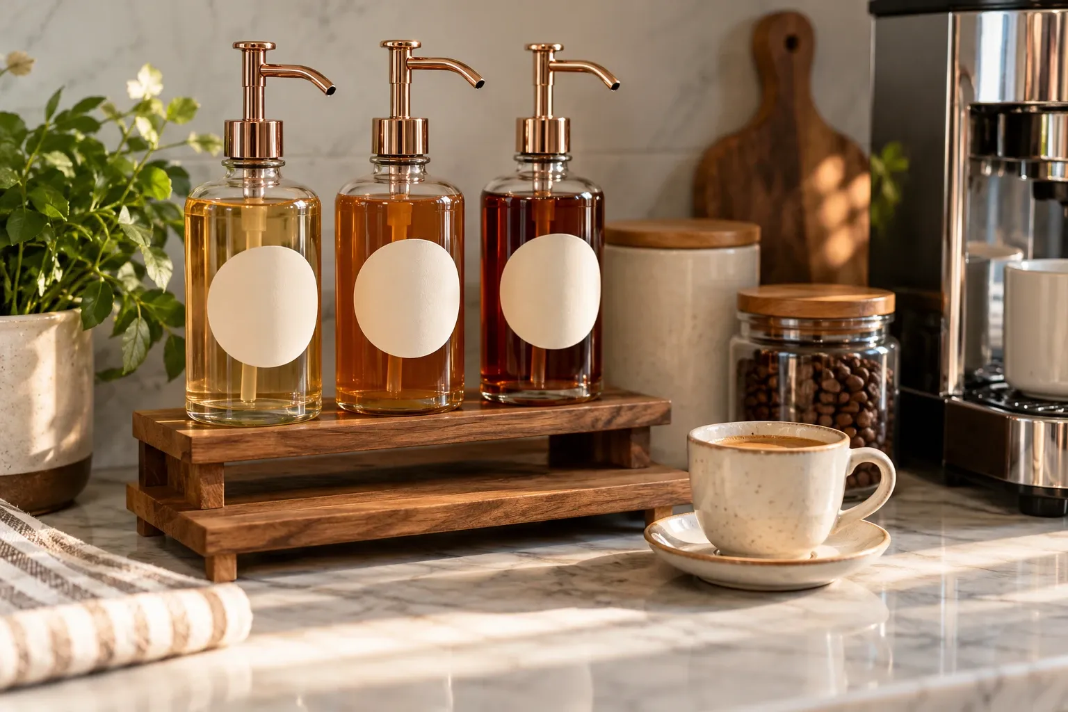 Three glass pump bottles of vanilla, caramel and hazelnut syrup with round cream labels on a two-tier wood riser beside an espresso cup