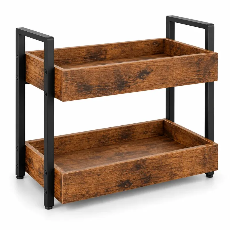 KLM 2-Tier Wood and Metal Countertop Shelf (Coffee Station Organizer), product photo on a white background
