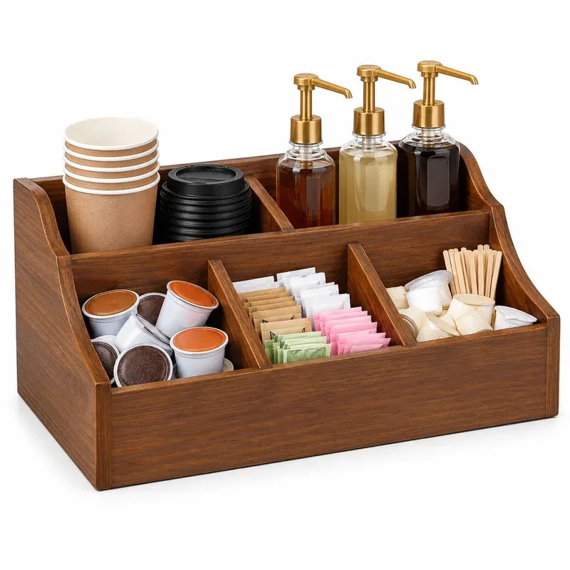 WooOrganix Wooden Coffee Station Organizer with Adjustable Dividers, product photo on a white background