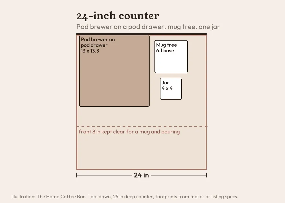 To-scale top-down layout of a 24 inch counter coffee station with a pod brewer on a pod drawer, a mug tree and one jar