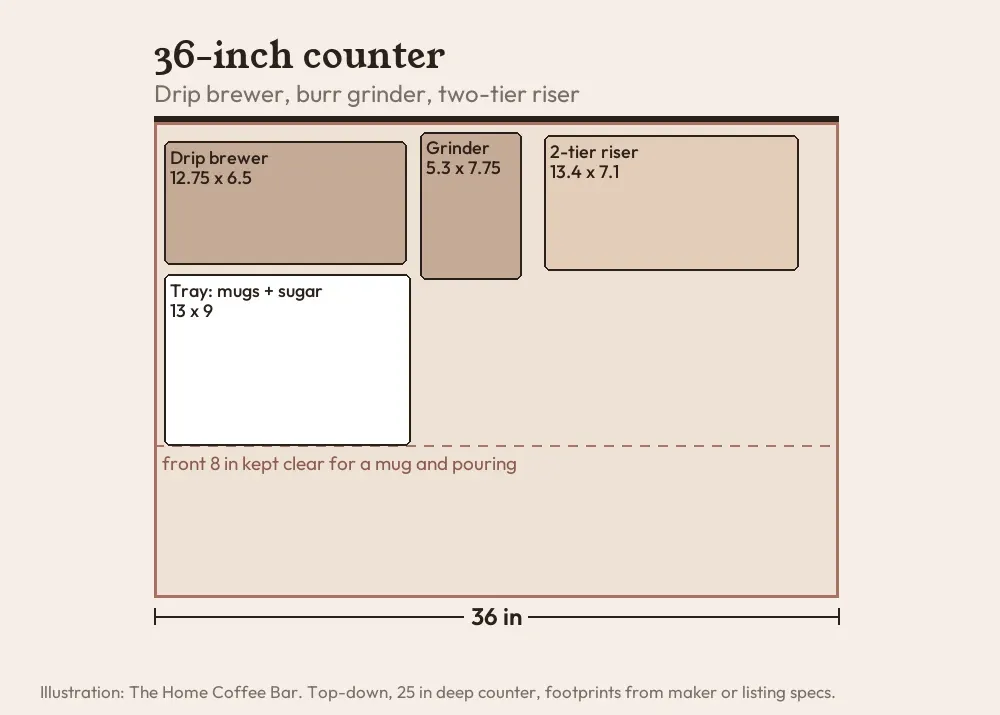 To-scale top-down layout of a 36 inch counter coffee station with a drip brewer, a burr grinder, a two-tier riser and a tray