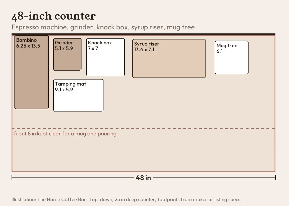 To-scale top-down layout of a 48 inch counter espresso station with a Bambino, a grinder, a knock box, a tamping mat, a syrup riser and a mug tree