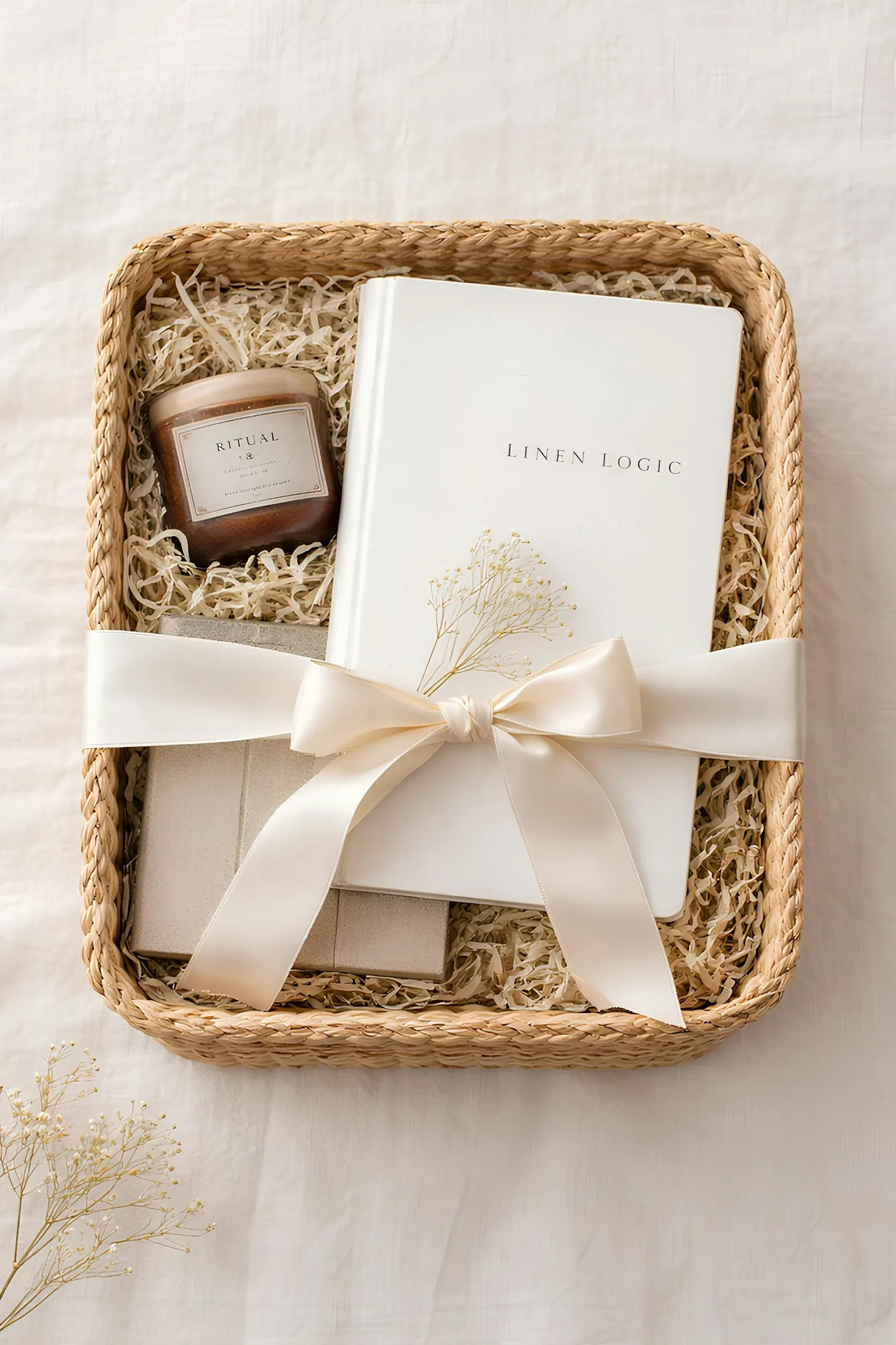Woven tray basket lined with paper shred, holding a book and a small candle, tied with a cream satin ribbon
