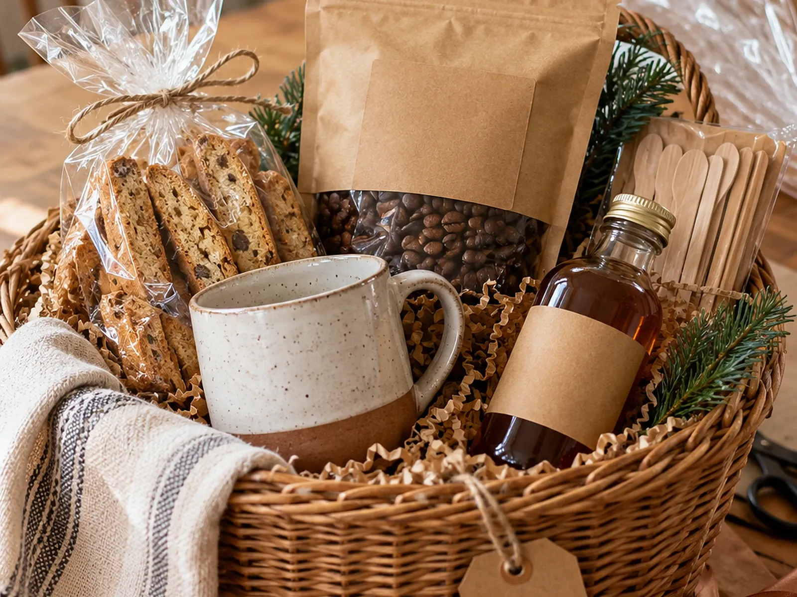 DIY coffee gift basket in a wicker basket with crinkle paper, a stoneware mug, coffee beans, biscotti, a syrup bottle and a blank kraft tag