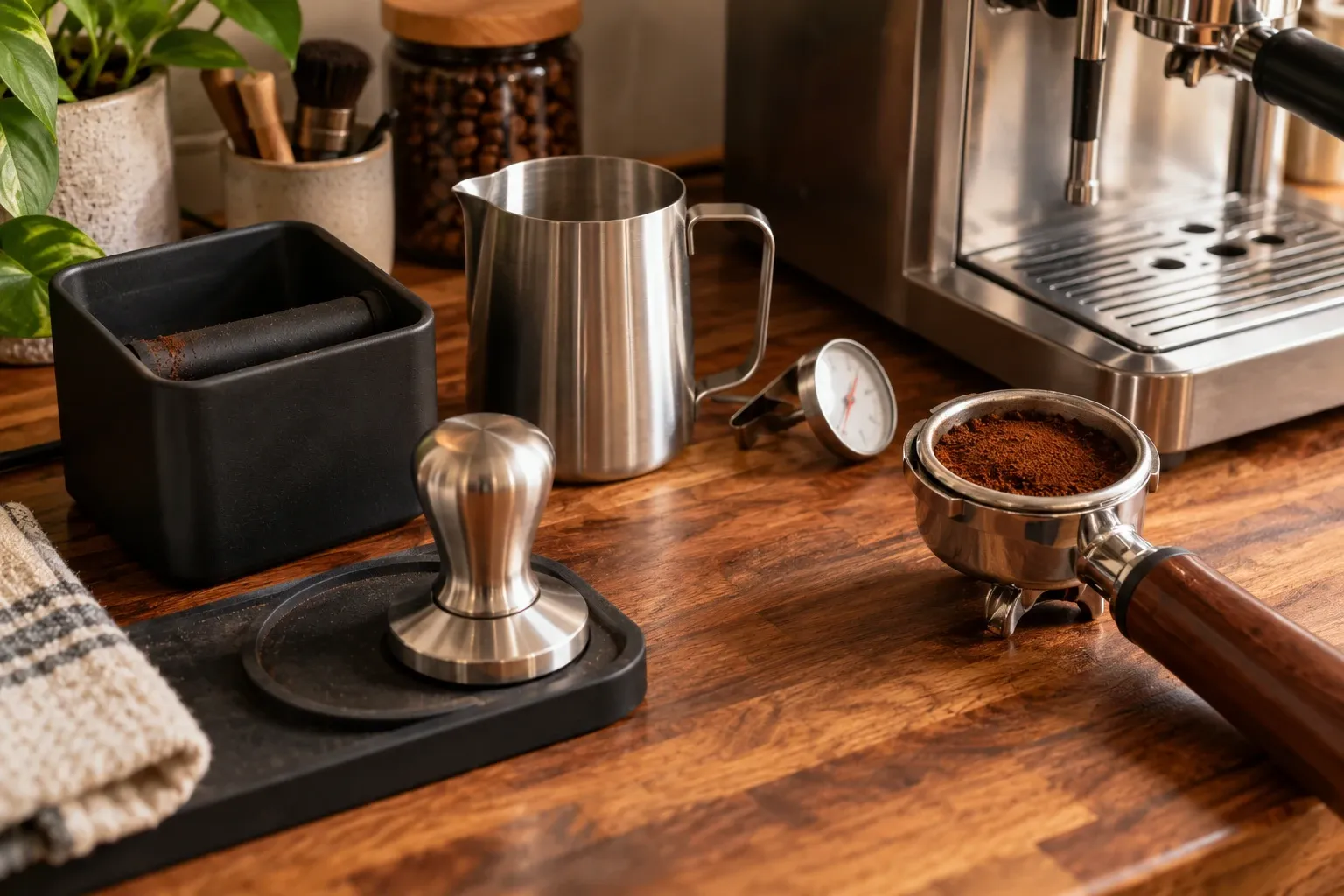 Espresso tools on a wood counter: a steel tamper on a rubber mat, a knock box, a stainless milk pitcher, a milk thermometer and a filled portafilter