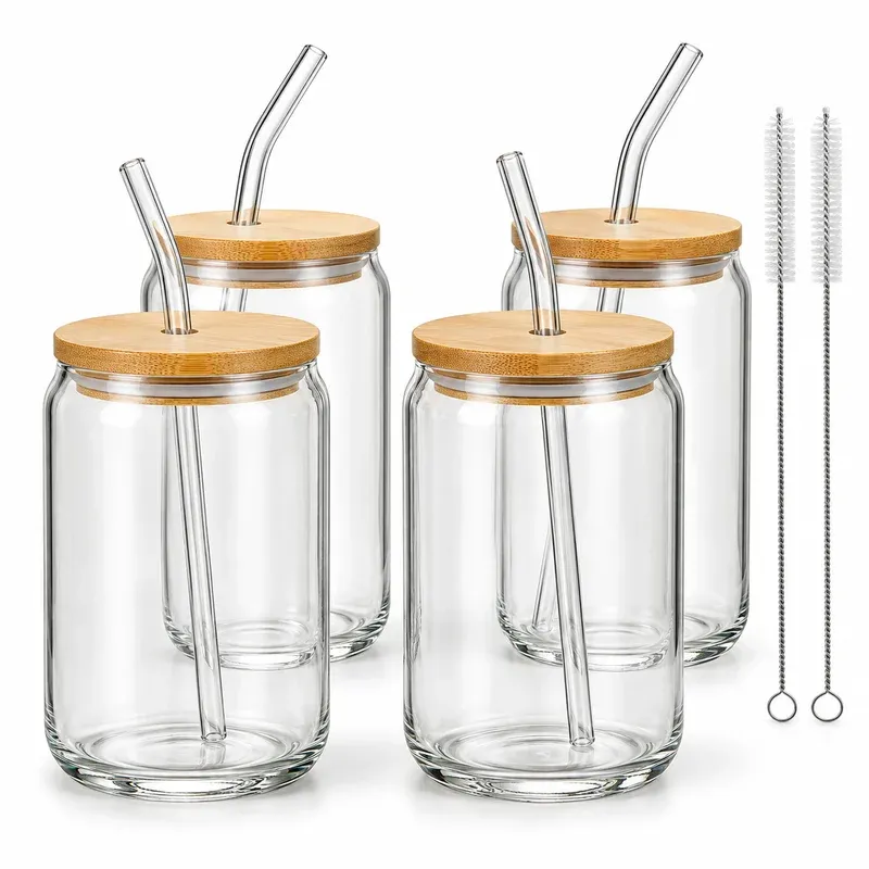 Drinking Glasses with Bamboo Lids and Glass Straws, 16 oz, 4-Pack, product photo on a white background