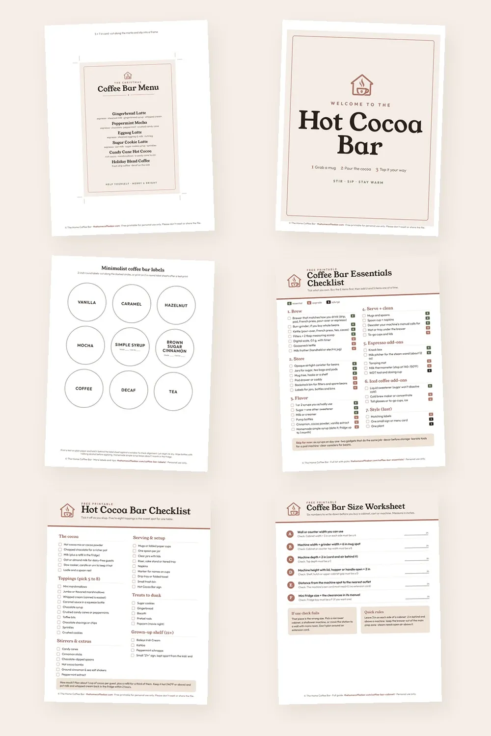 Grid of six free coffee bar printable pages, from a Christmas menu card to a coffee bar size worksheet
