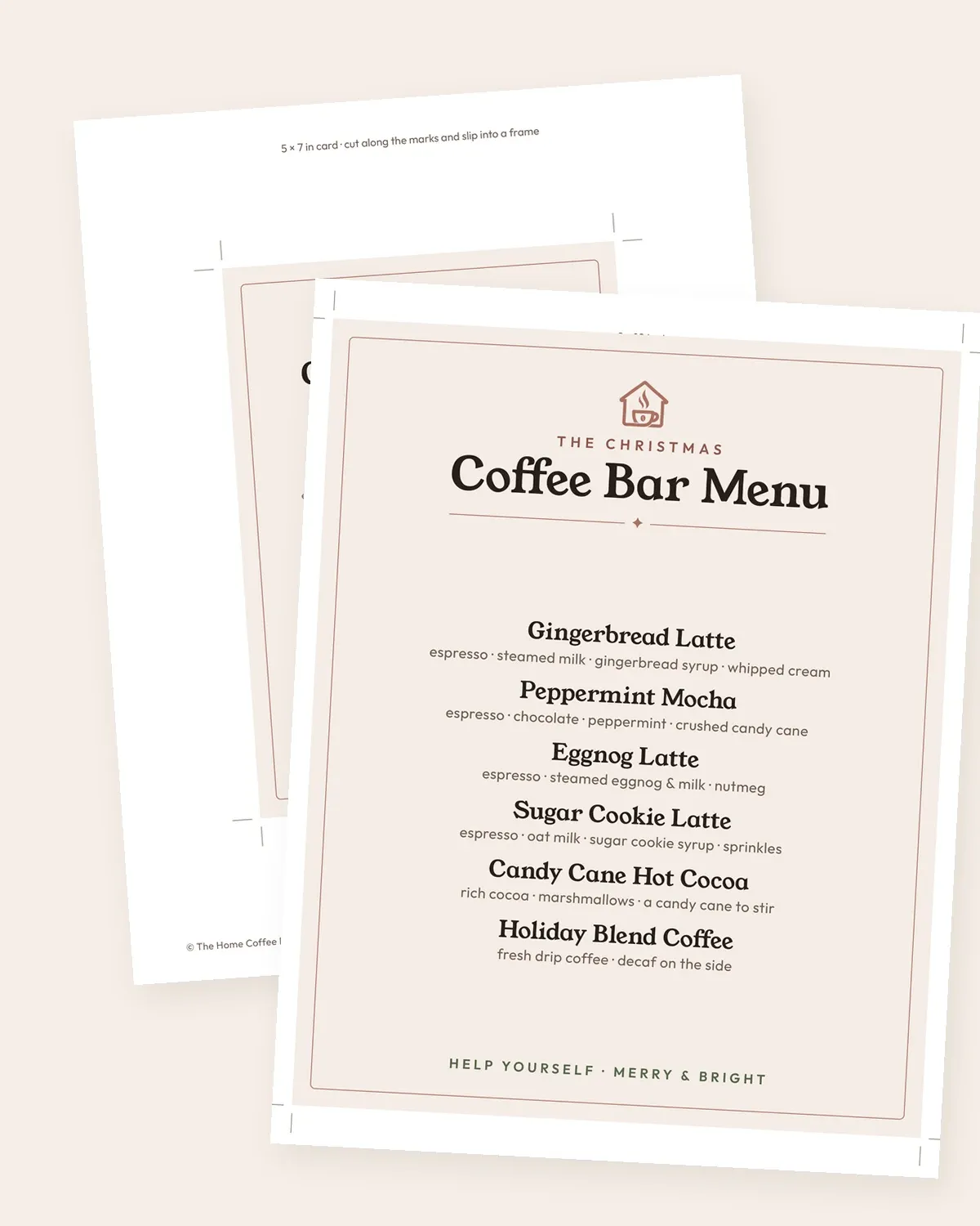 Printable Christmas coffee bar menu with six drinks, shown as a 5x7 card on top of the matching 8x10 sign