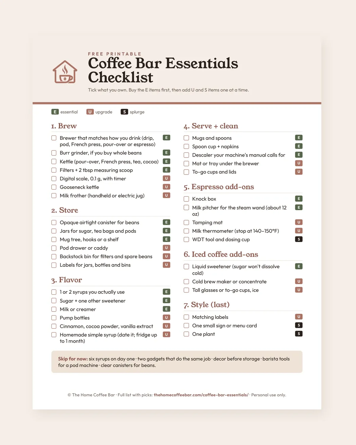 Printable coffee bar essentials checklist with items sorted into brew, store, flavor and serve sections and tagged E, U or S