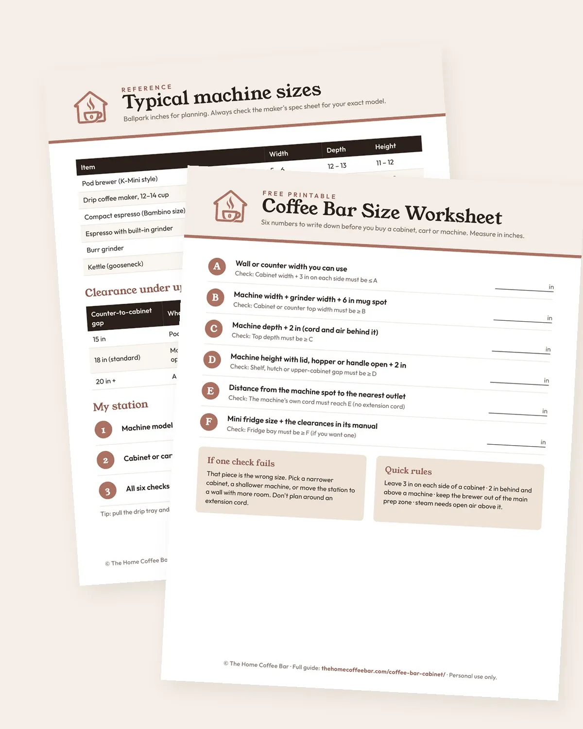 Printable coffee bar size worksheet with six measurement boxes and a reference page of typical coffee machine sizes