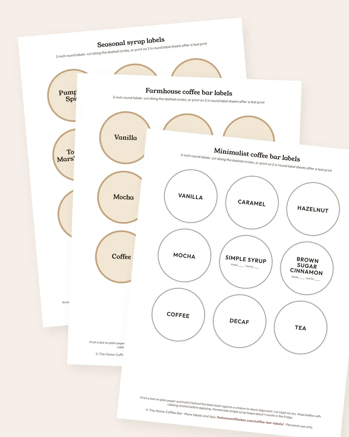 Printable sheets of 2-inch round coffee bar labels in seasonal, farmhouse and minimalist styles
