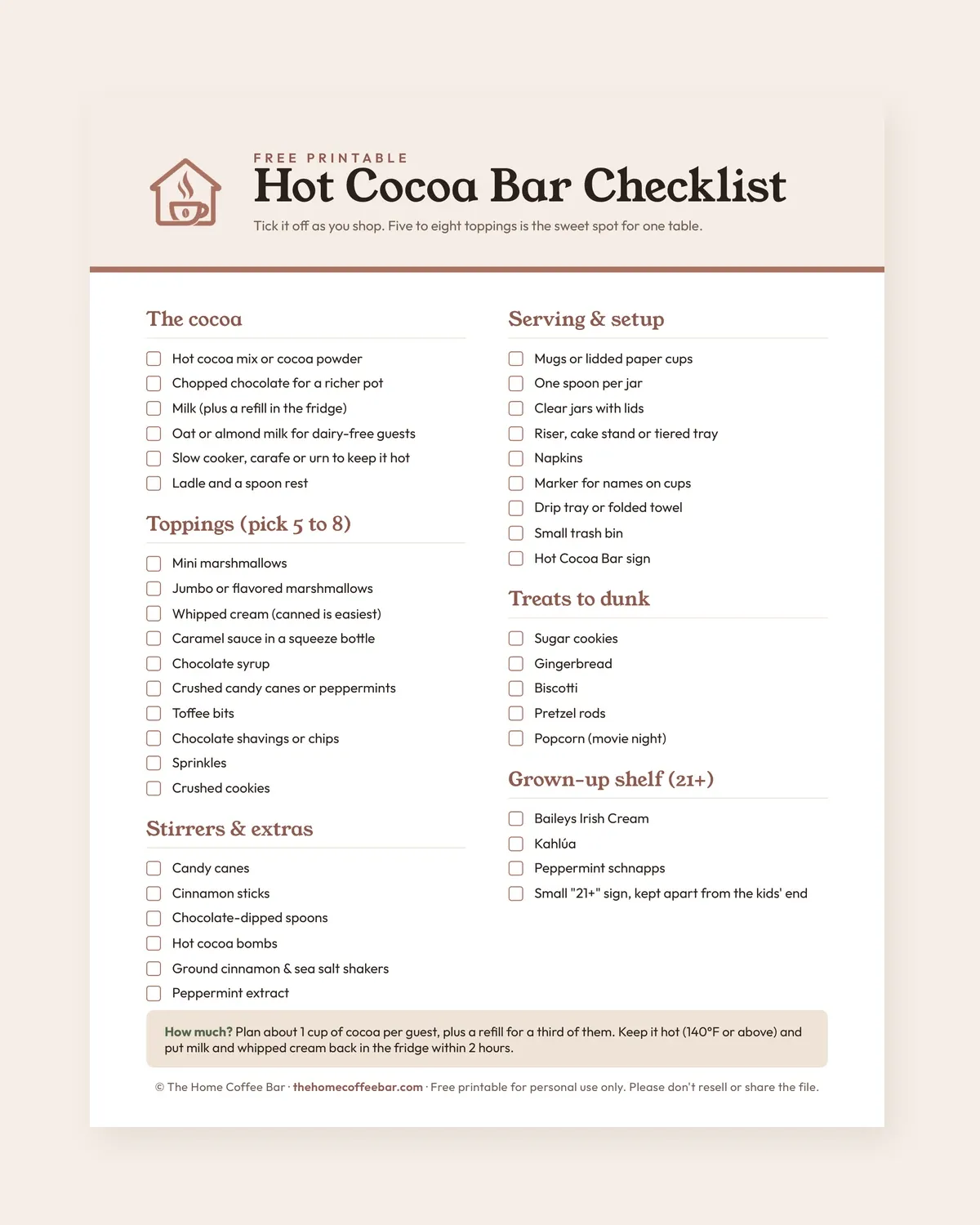 Printable hot cocoa bar checklist with sections for the cocoa, toppings, stirrers, serving supplies and treats