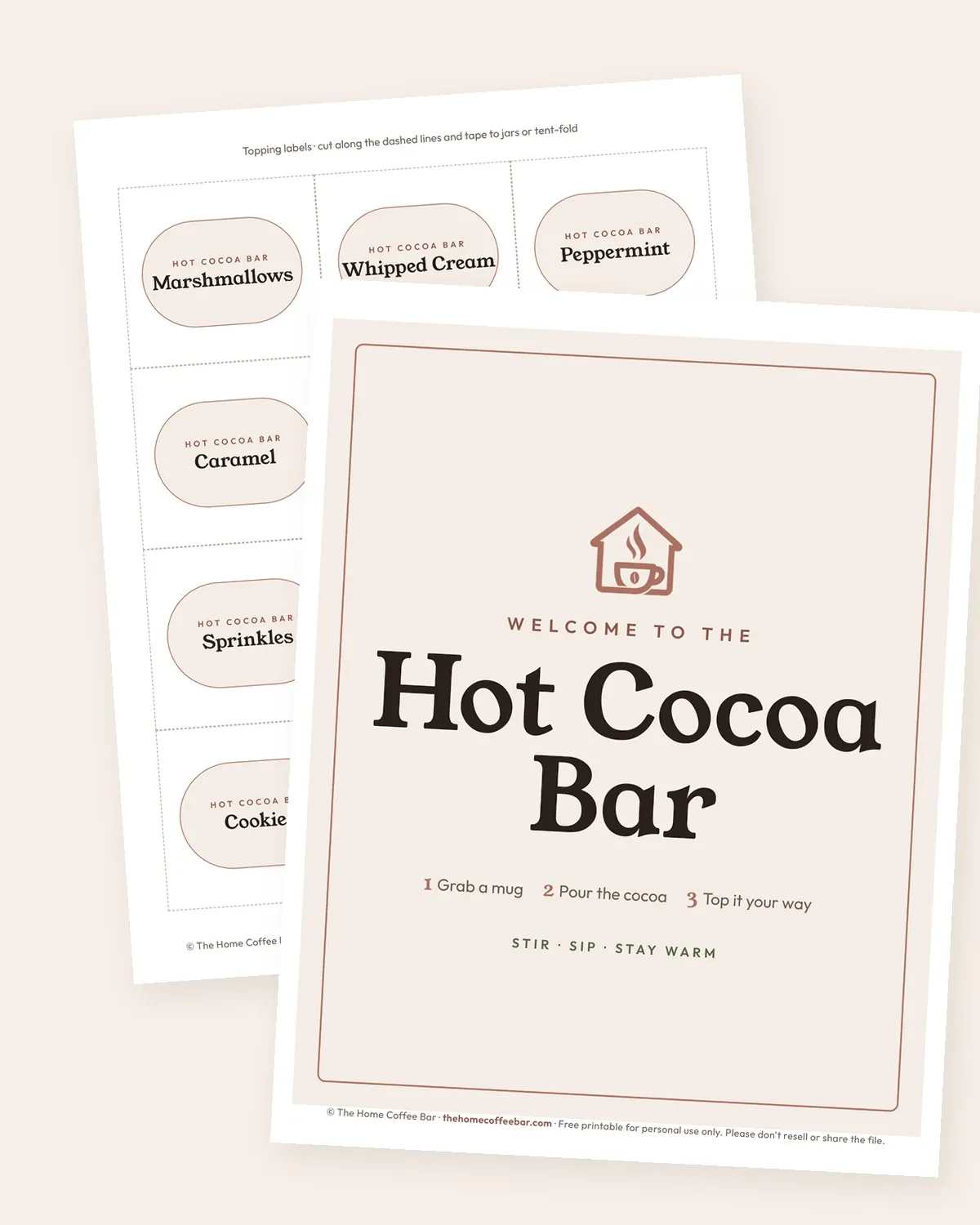 Printable Welcome to the Hot Cocoa Bar sign with three steps, shown on top of a page of twelve matching topping labels