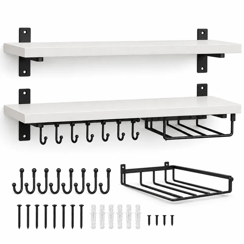 Afuly 20" Coffee Bar Shelves with 8 Mug Hooks, Set of 2, product photo on a white background