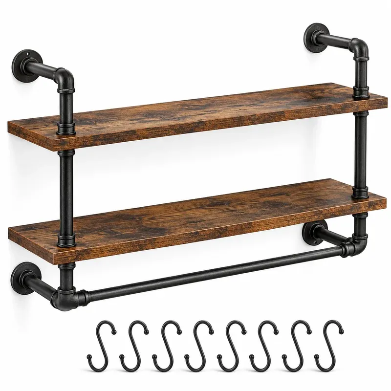 Bestier 31" Industrial Pipe Wall Shelf with Towel Bar and 8 Hooks, product photo on a white background