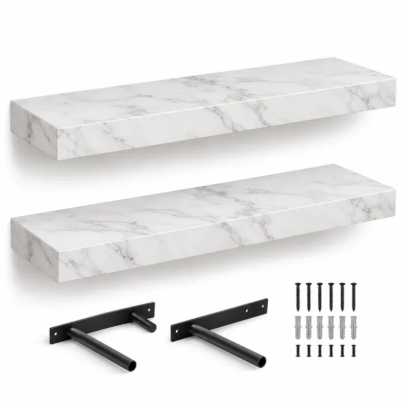 Kate and Laurel Havlock 22" Faux Marble Floating Shelves, Set of 2, product photo on a white background