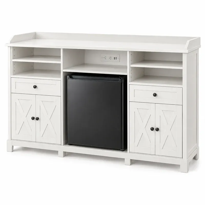 Lamtor 53" Farmhouse Coffee Bar with Mini Fridge Space and Power Outlet, White, product photo on a white background