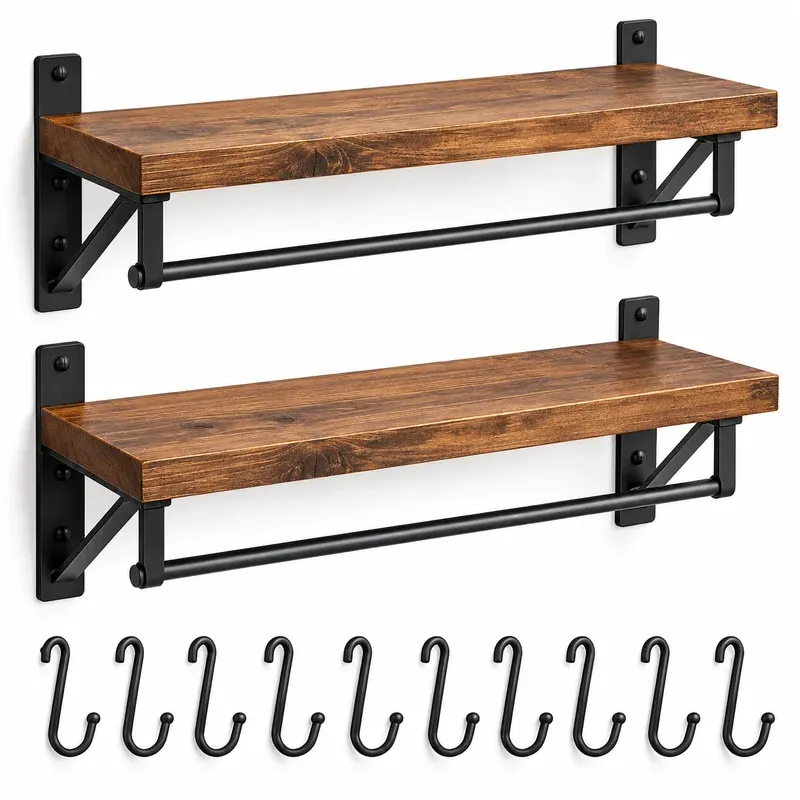 Olakee Floating Wall Shelves with 10 Mug Hooks, Set of 2, product photo on a white background