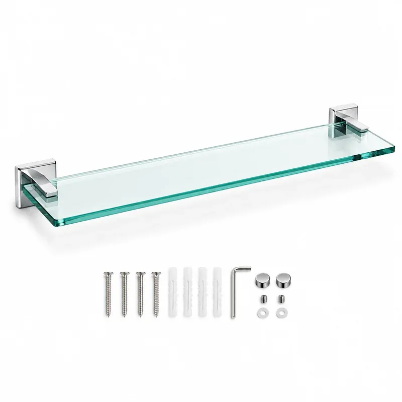 SAYAYO 24" Tempered Glass Floating Shelf with Chrome Brackets, product photo on a white background