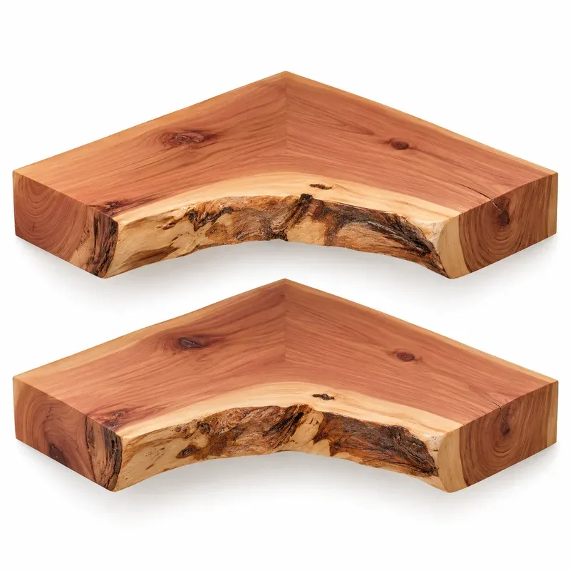 WELLAND Live Edge Cedar Floating Corner Shelf, Set of 2, product photo on a white background