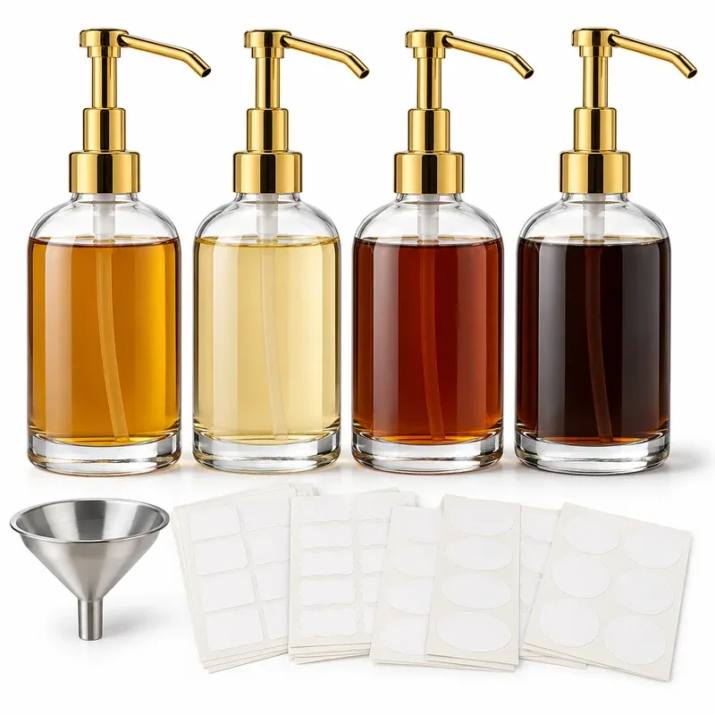 Glass Coffee Syrup Dispenser Set, 4 Bottles with Pumps, 16.9 oz, product photo on a white background
