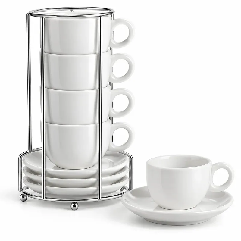 Sweese 4 oz Stackable Espresso Cups with Saucers and Stand, Set of 4, product photo on a white background