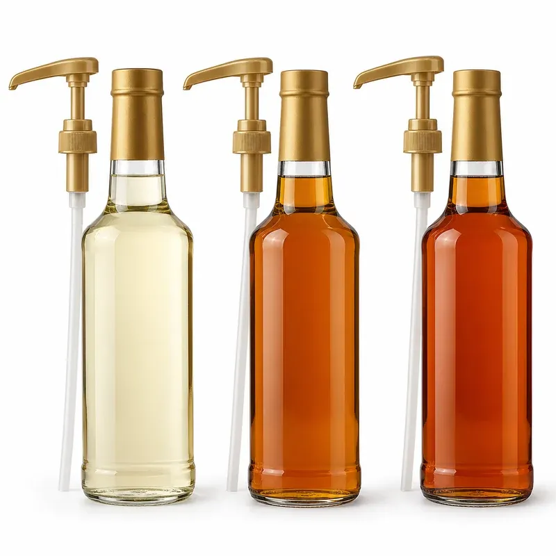 Torani Syrup Trio: Vanilla, Caramel and Hazelnut, with Pumps, product photo on a white background