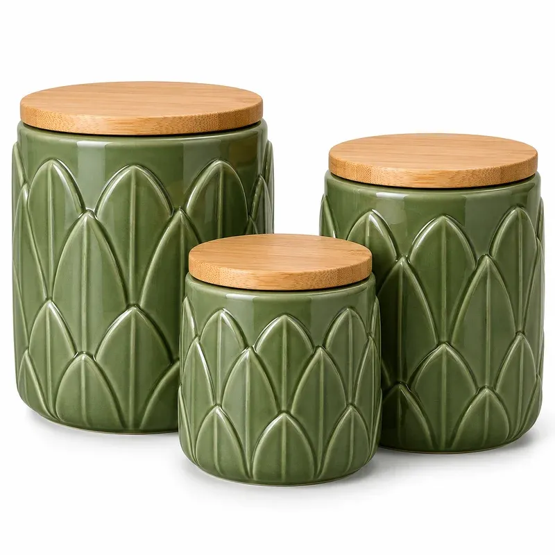 DII Retro Ceramic Canister Set of 3, Coffee Sugar Tea, Artichoke Green, product photo on a white background