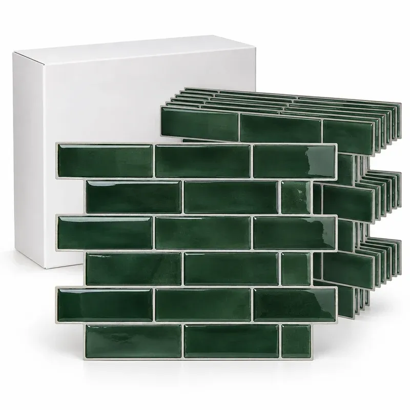 Smart Tiles Peel and Stick Backsplash, Stacked Forest Green, 5 Pack, product photo on a white background
