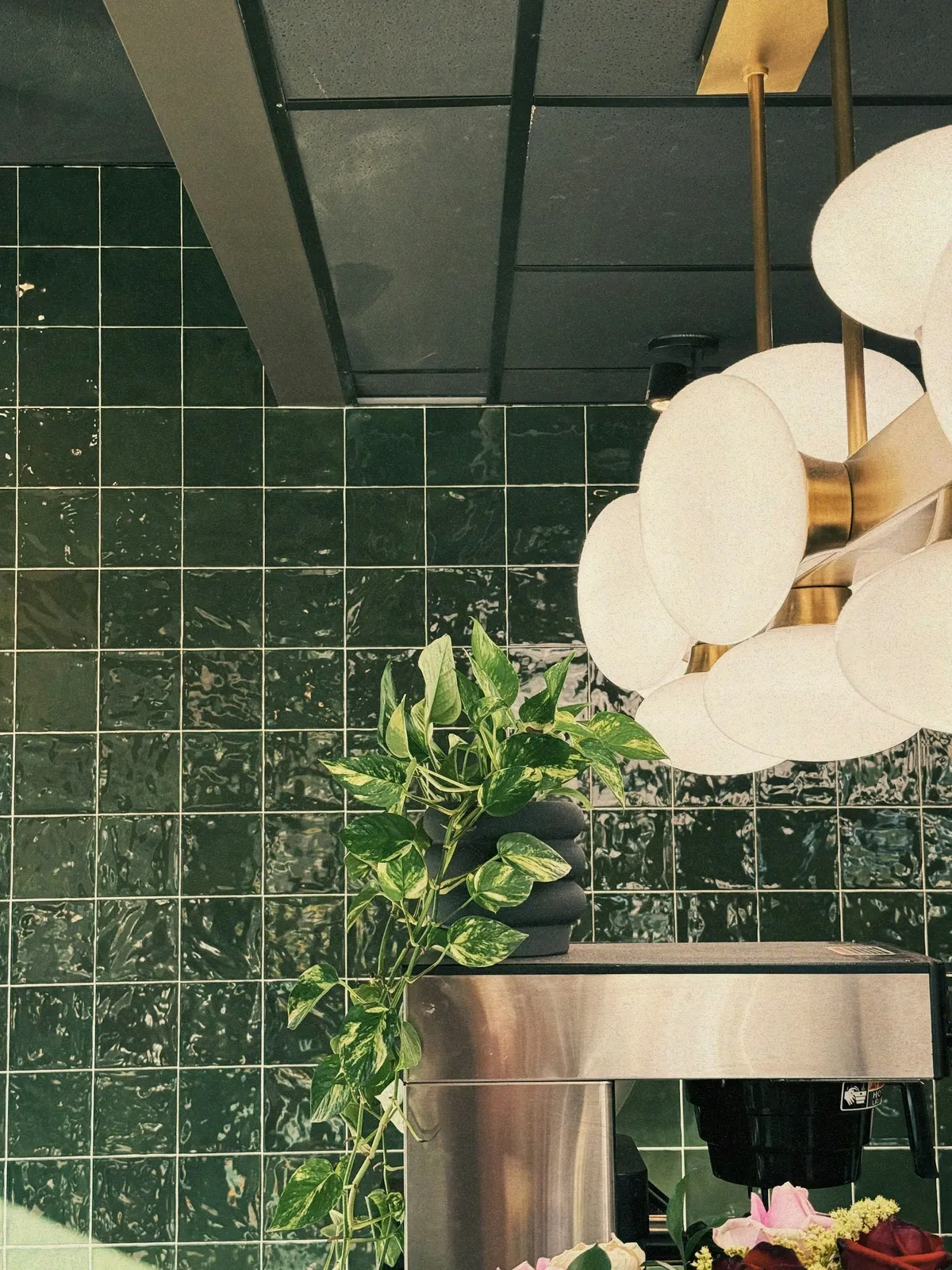 Wall of glossy dark green square tile behind a leafy plant and a white disc pendant light