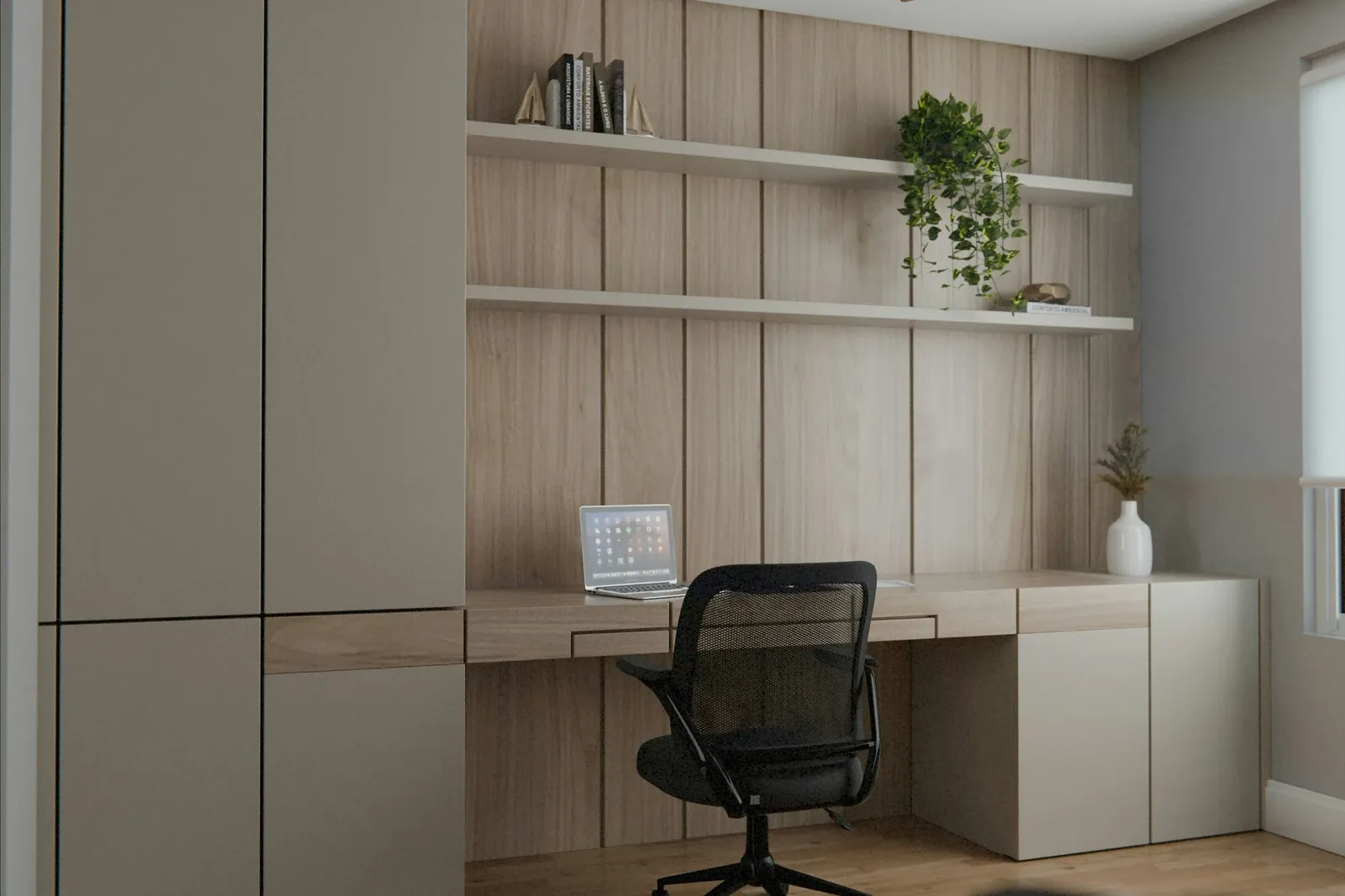 Home office with a built-in desk, open wood shelves and a tall cabinet of closed storage beside a ceiling fan