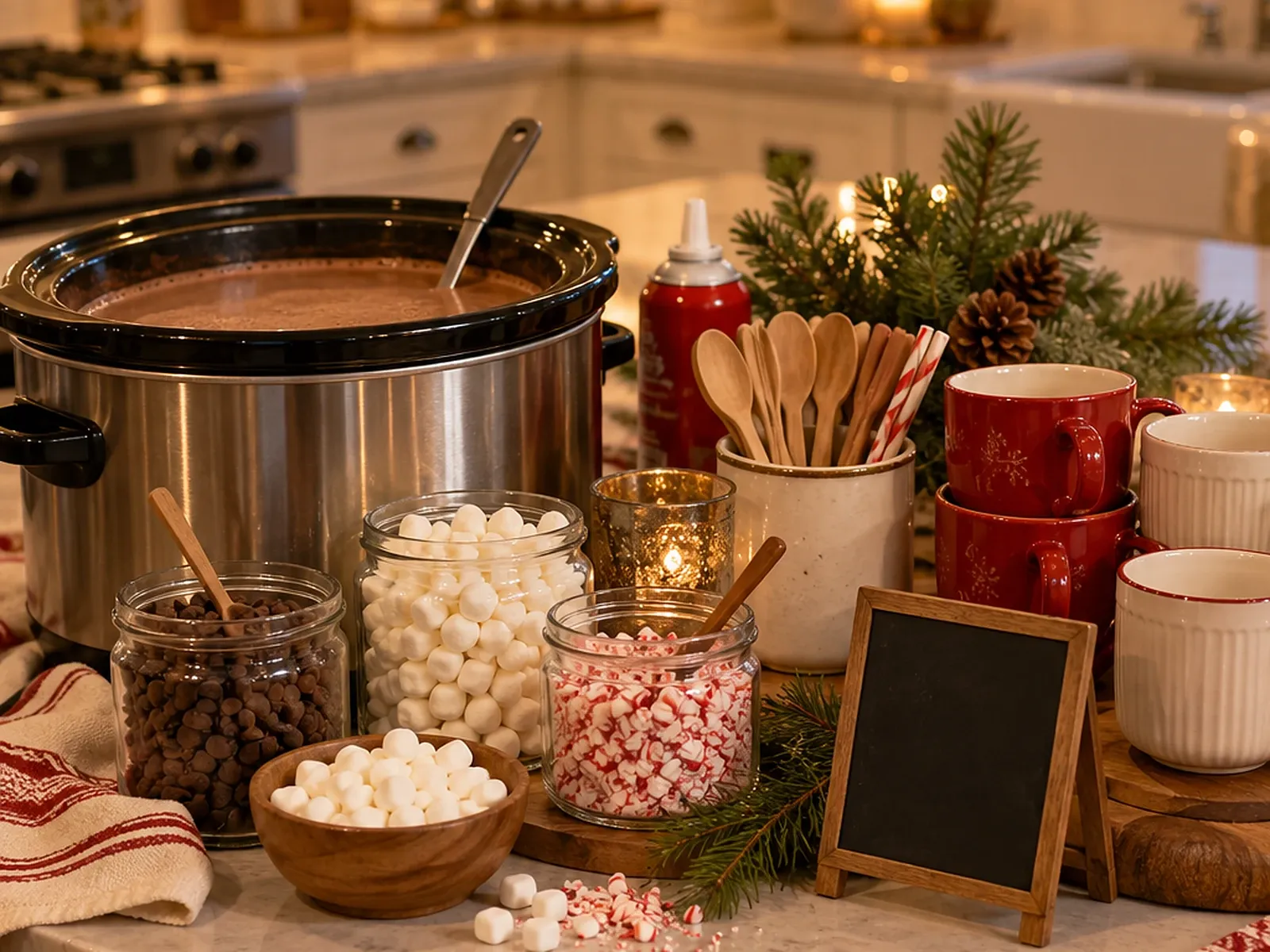 Self-serve hot cocoa bar on a kitchen island with a slow cooker of hot chocolate, jars of marshmallows and peppermint, and stacked red mugs