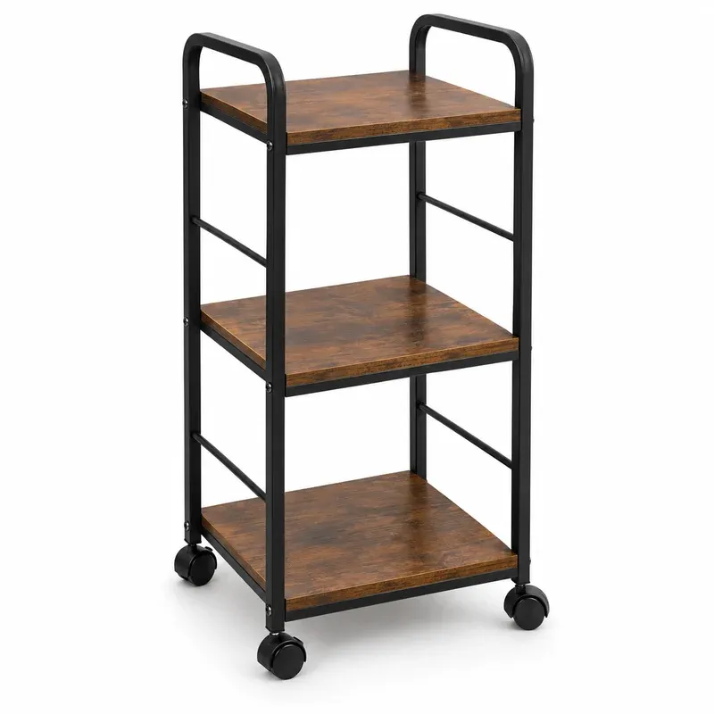 Mind Reader 3-Tier Rolling Cart, Wood and Metal, product photo on a white background