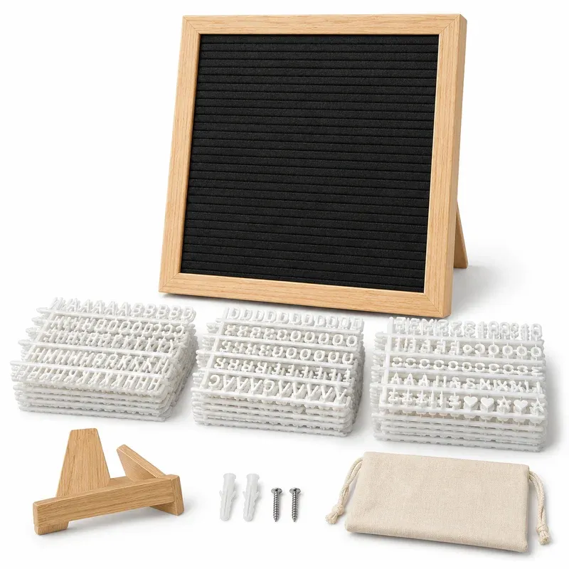 Veskaoty Felt Letter Board, 10 x 10 Inch, Black and Wood, product photo on a white background