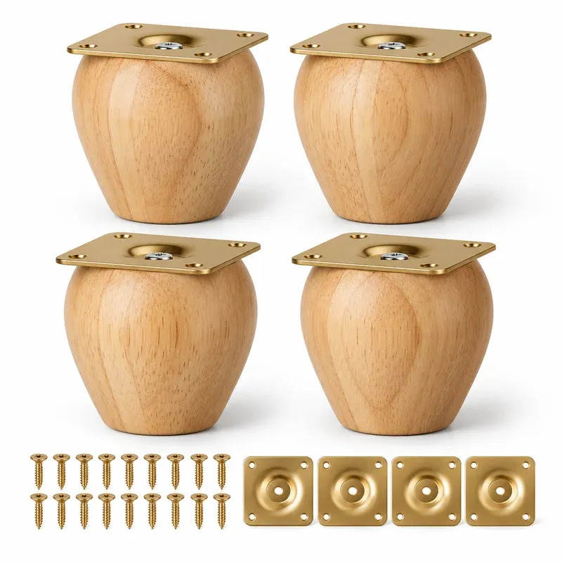 Decorluxes Wood Bun Feet with Mounting Plates, 3 in, Set of 4, product photo on a white background