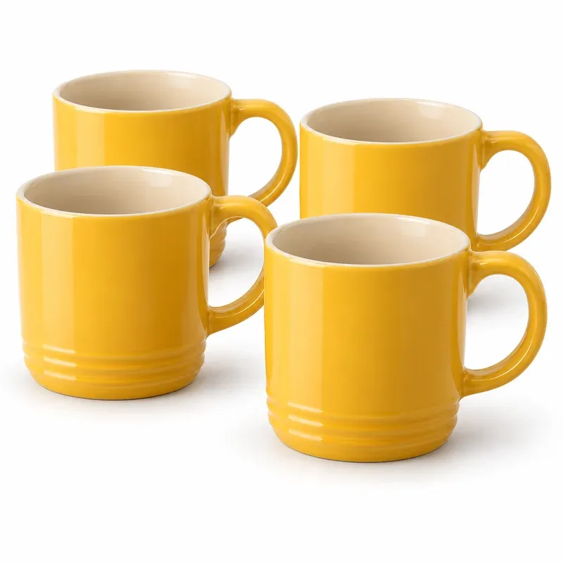 Le Creuset Stoneware Vancouver Mug, Set of 4, 14 oz, Nectar, product photo on a white background