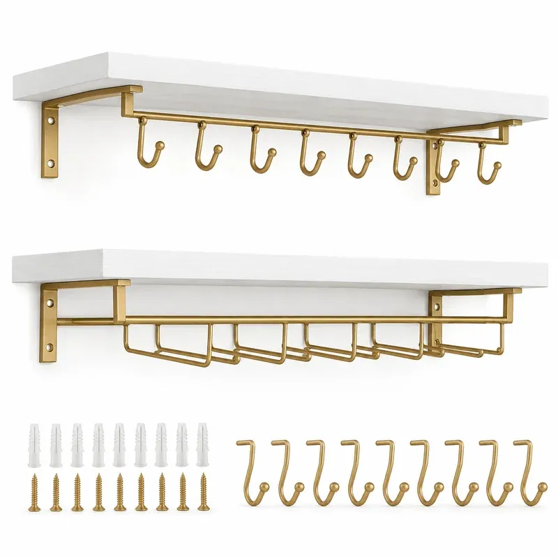 Afuly Coffee Bar Shelf Set of 2, 20 Inch, with 8 Mug Hooks, product photo on a white background