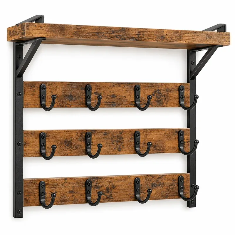 OROPY Wall Mounted Mug Rack, 12 Hooks and Top Shelf, product photo on a white background