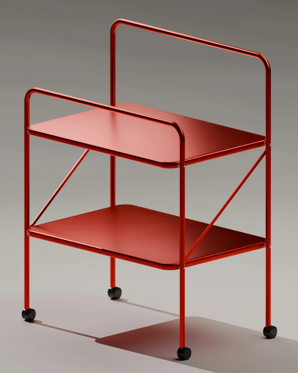 Red two-tier rolling cart with cups and supplies, used as a small coffee station