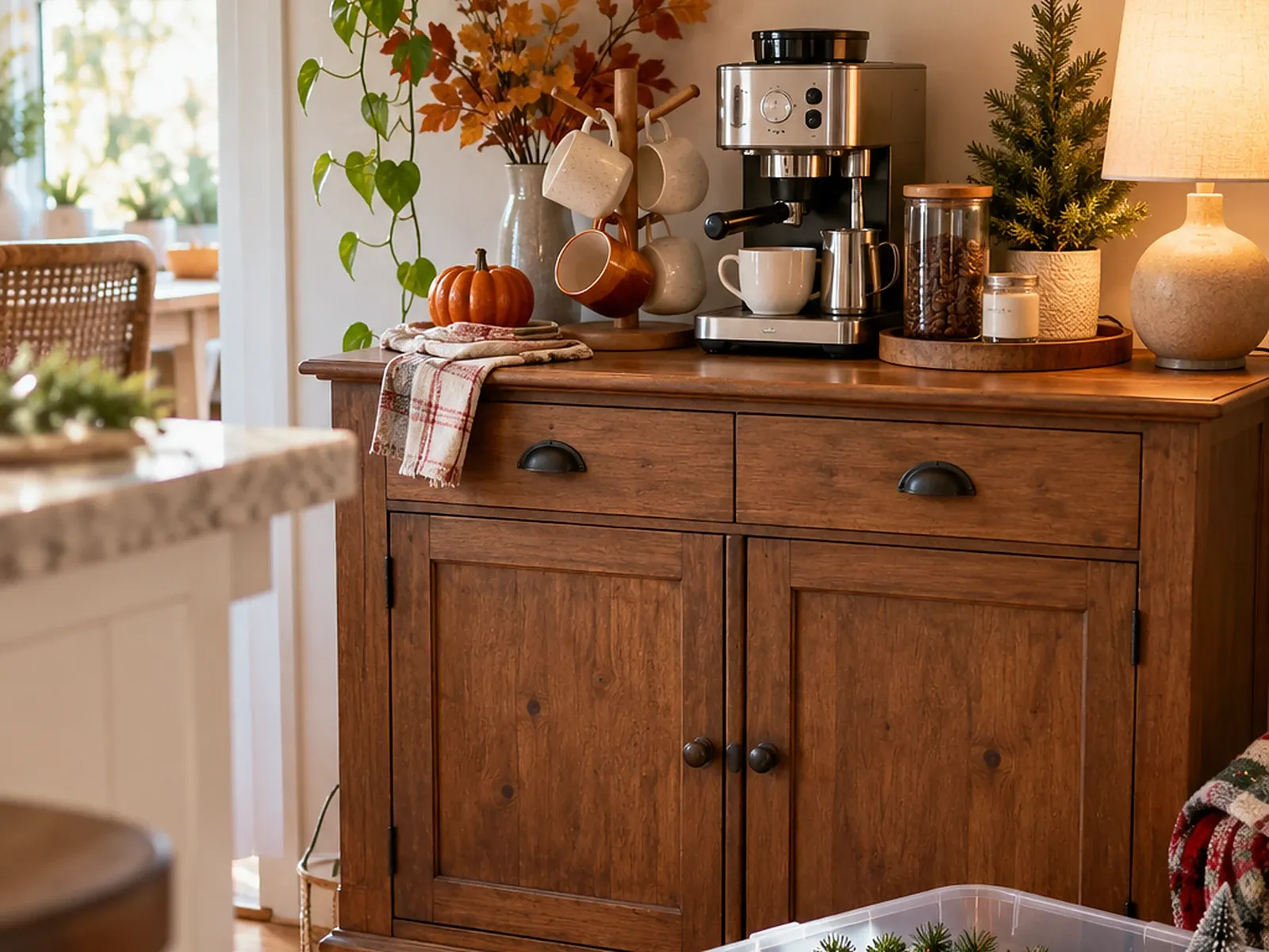 Wooden coffee bar cabinet mid-swap from fall to Christmas, with small pumpkins on the shelf and a bin of red mugs and garland on the floor