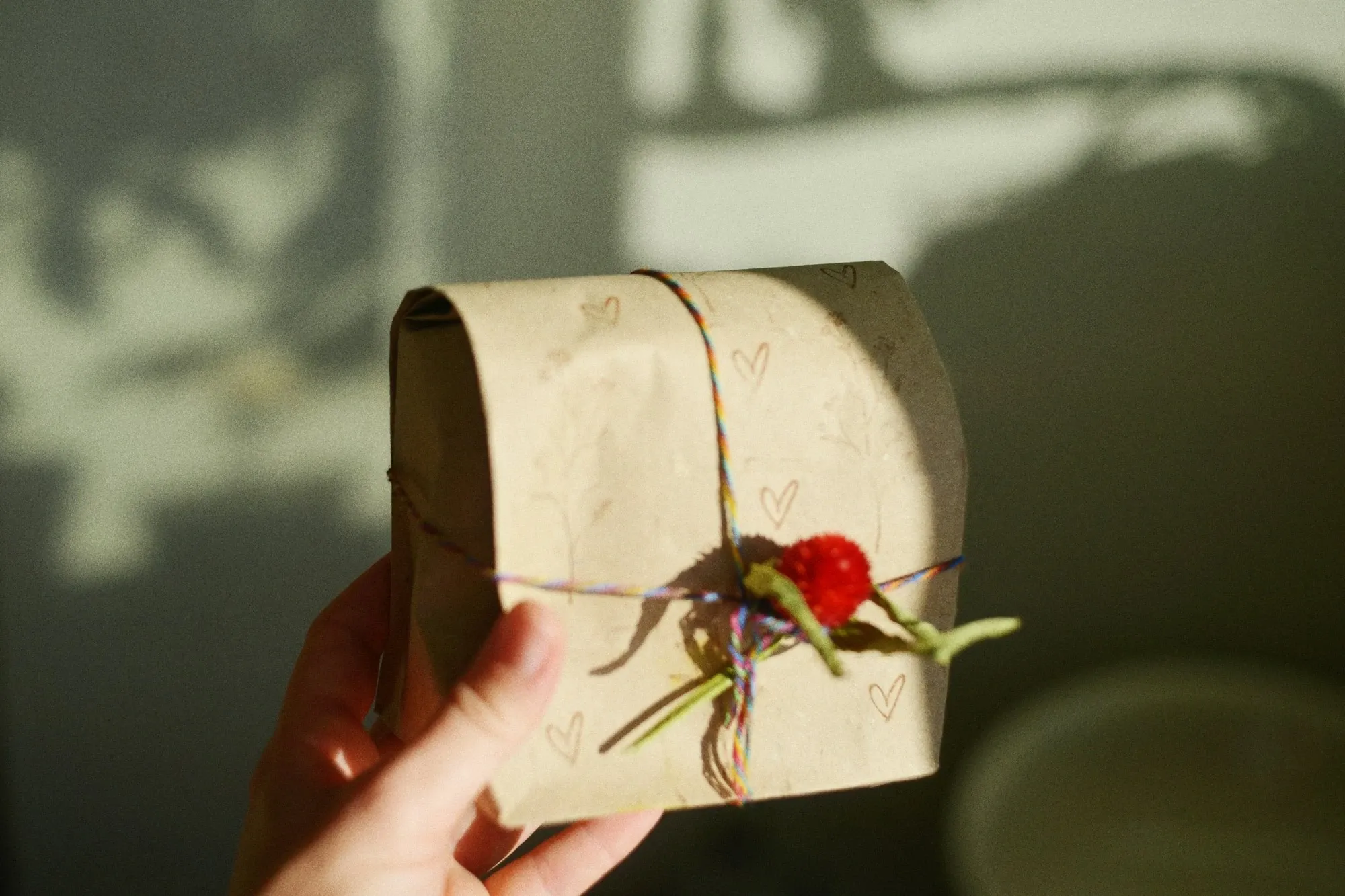 Hand holding a small parcel wrapped in brown kraft paper tied with twine and a red berry sprig
