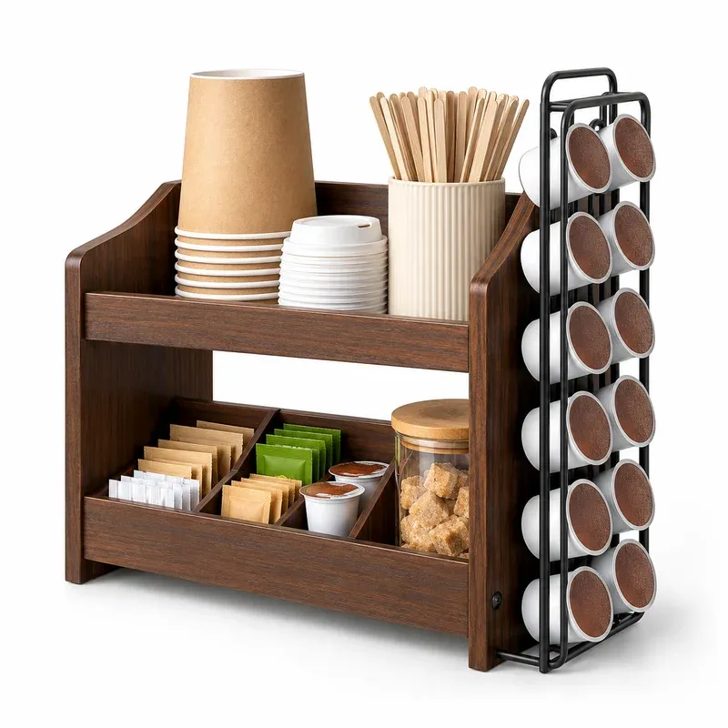 LEMIKKLE 2-Tier Wooden Coffee Station Organizer with K-Cup Rack, product photo on a white background