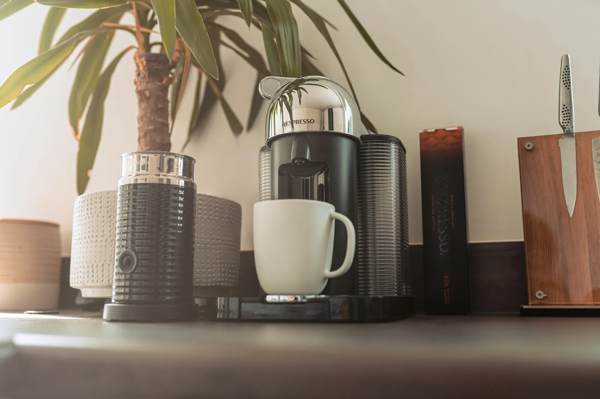 Styled coffee station with a pod coffee machine, milk frother, white mug and a tall potted plant on a dark counter