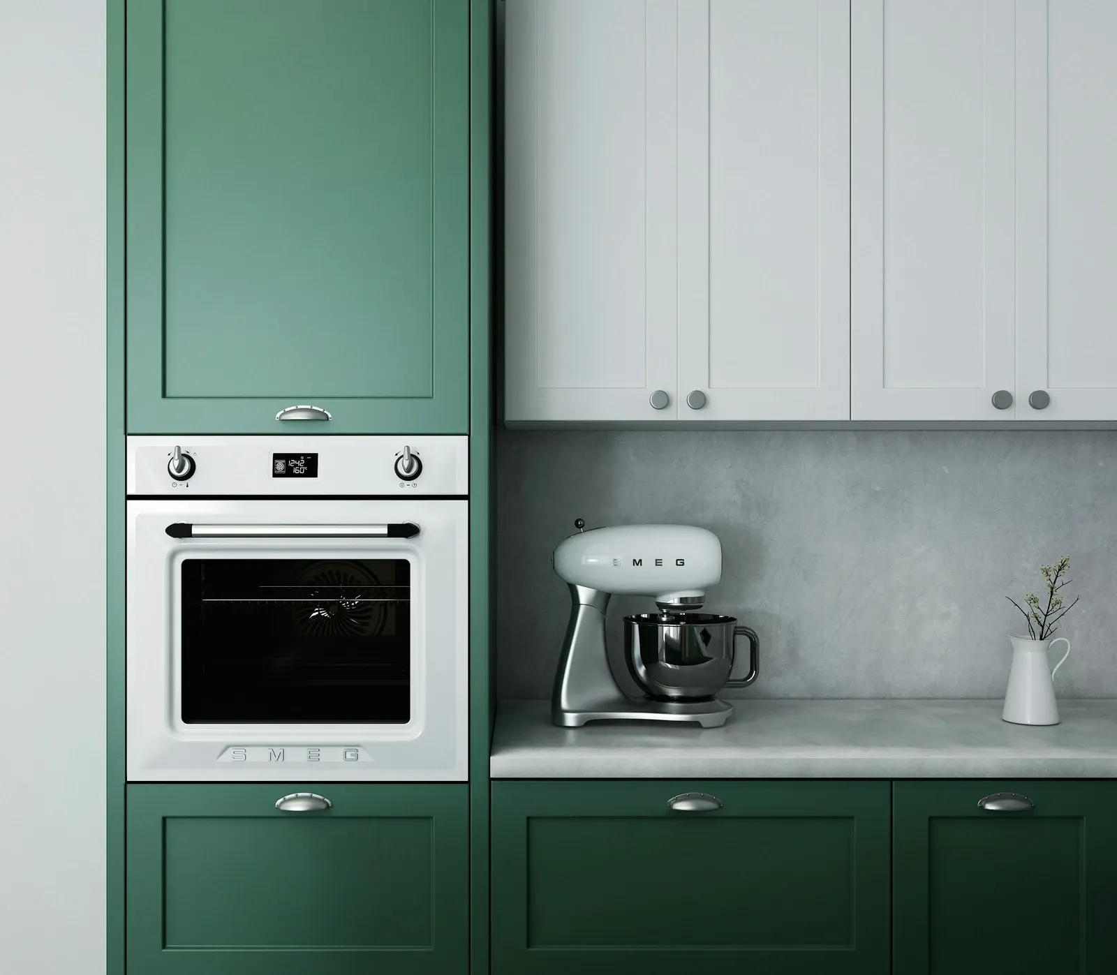 Green lower and tall cabinets beside white upper cabinets with a built-in oven, a gray backsplash and a stand mixer on the counter
