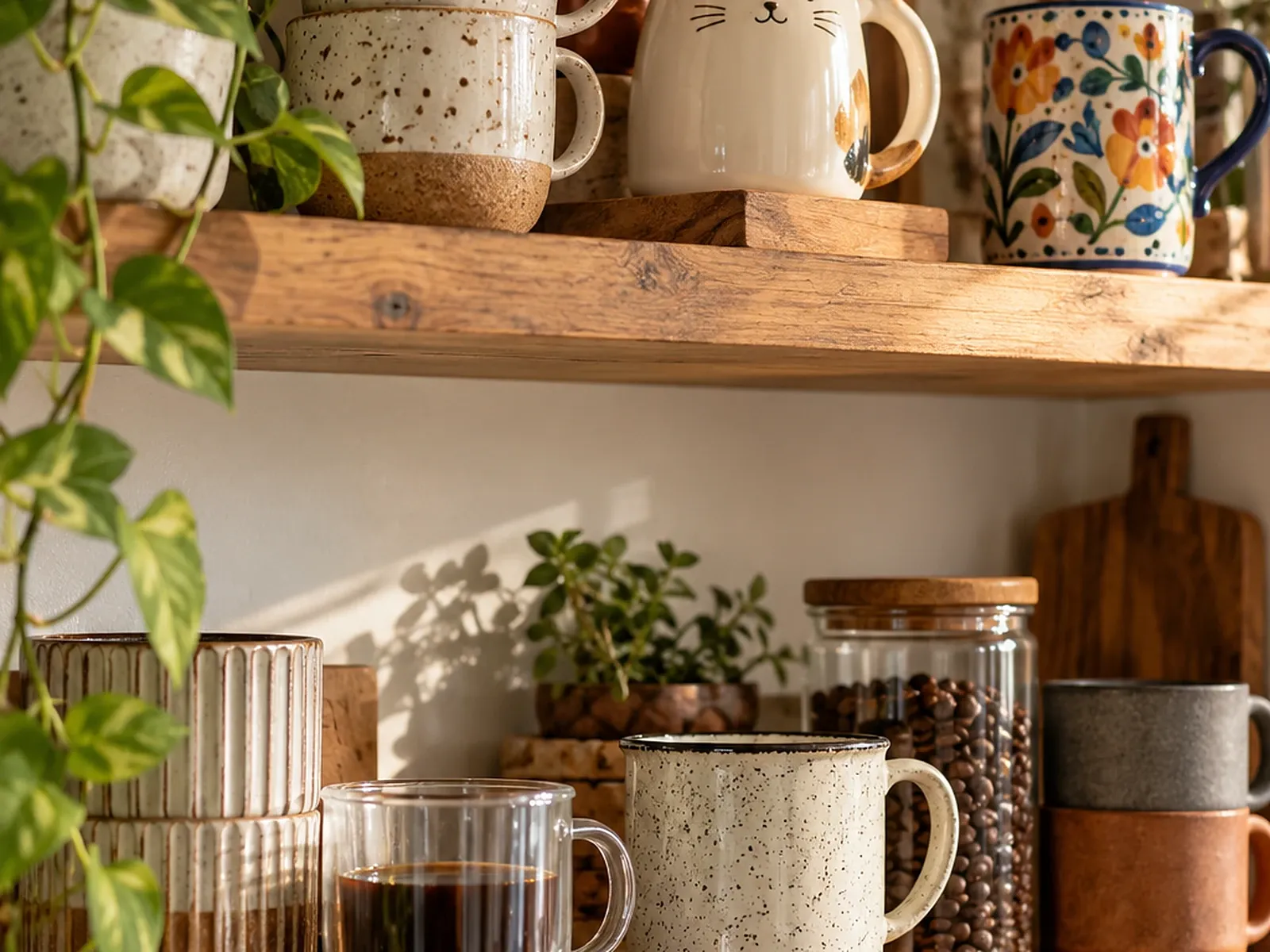 Open kitchen shelf with a collection of unique coffee mugs: speckled stoneware, hand-painted, glass double-wall and enamel camp mugs