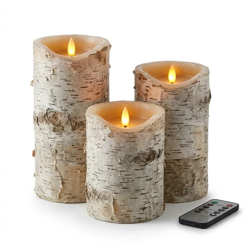 AKU TONPA Birch Bark Flameless Pillar Candles, Set of 3, product photo on a white background